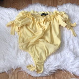 PLT off the shoulder yellow bodysuit